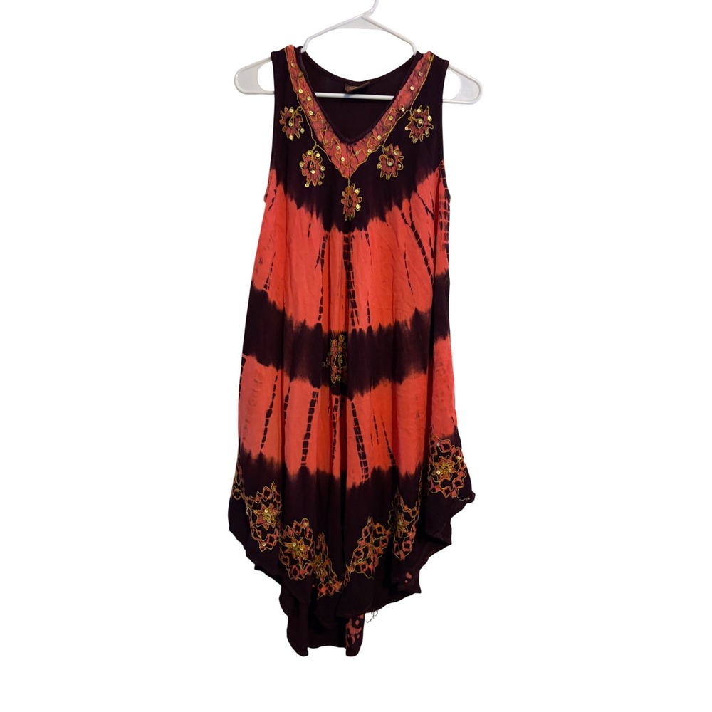 Tie Dye Sharkbite Dress Womens Free Size Purple Orange Sequin Boho Good‎